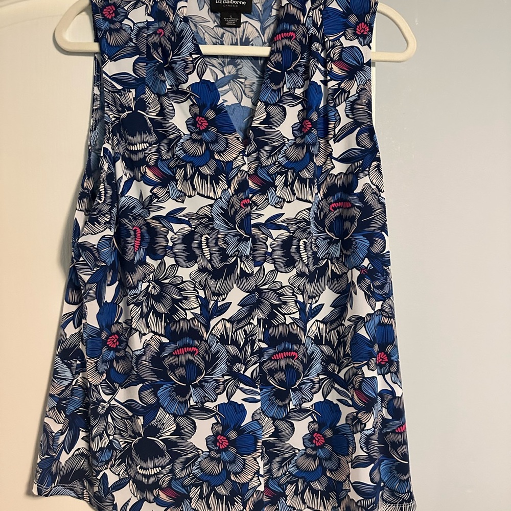 Liz Claiborne Blue and White Sleeveless Wrap Blouse
